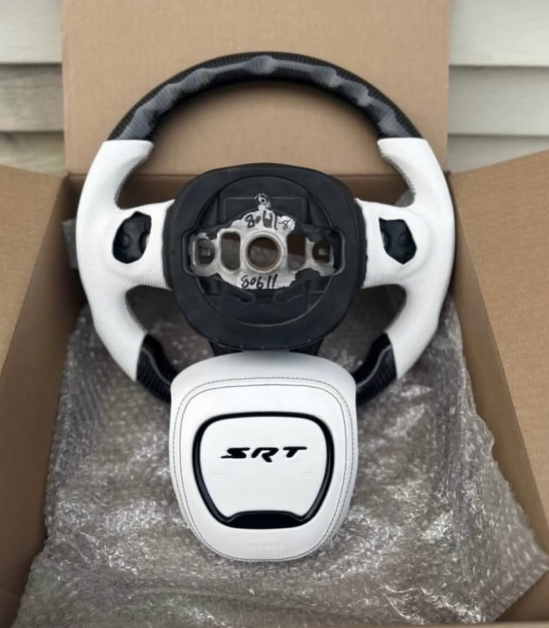 Custom SRT Carbon Fiber Flat-Bottom Steering Wheel - White Perforated Leather - Real Carbon Top & Bottom - SRT Airbag Cover Included